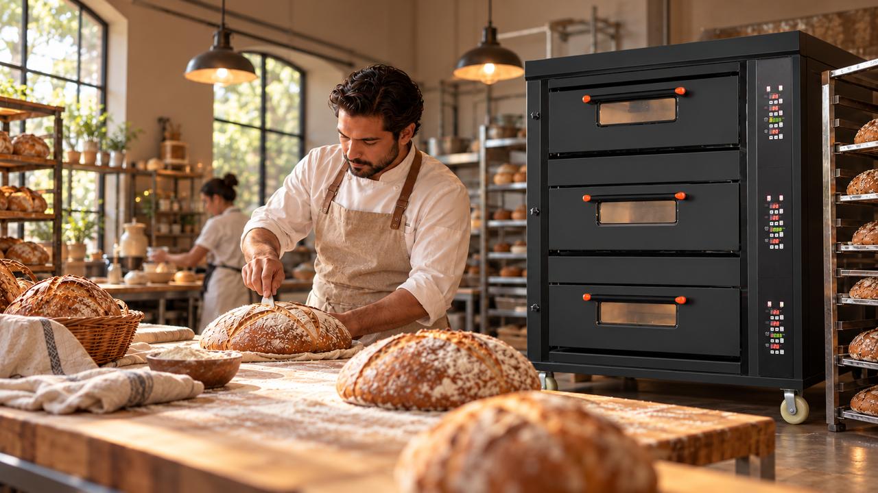 Panadero artesanal junto a un horno de piso de tres cámaras